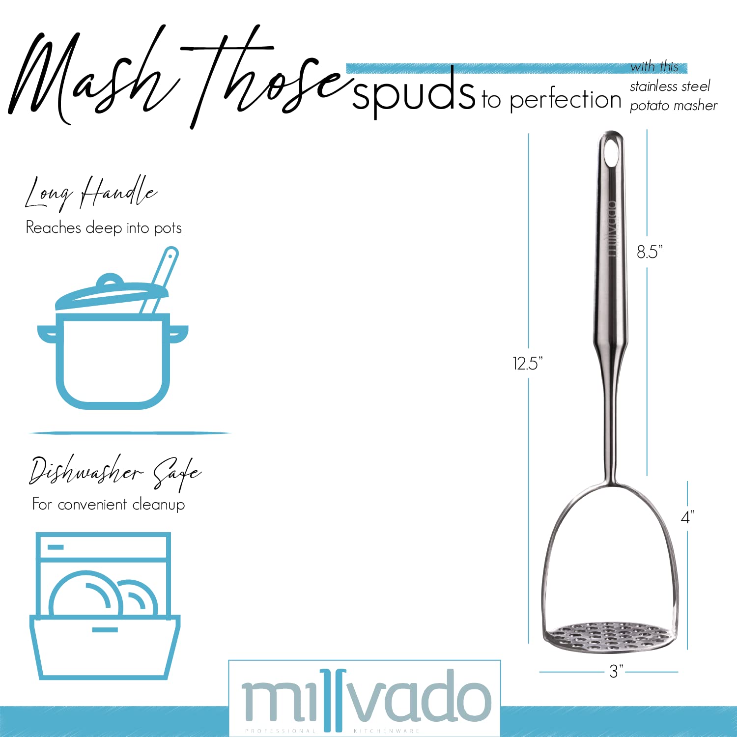 Millvado potato masher handles eggs and beans with smooth texture.