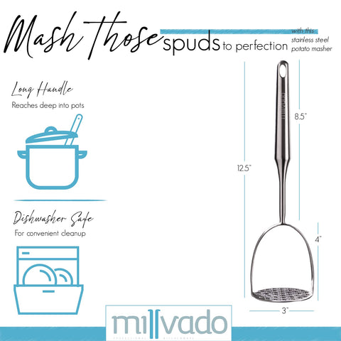 Millvado potato masher handles eggs and beans with smooth texture.