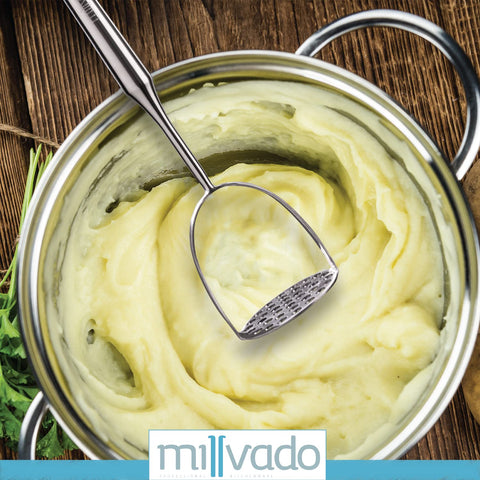 Ergonomic rounded handle on Millvado masher reduces hand fatigue.