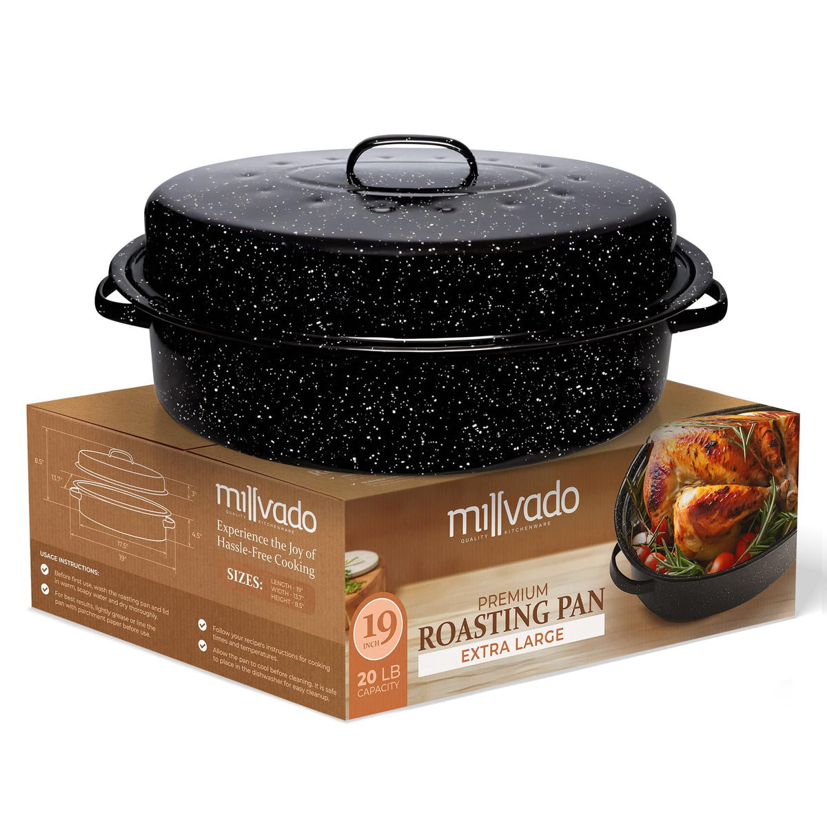Millvado roasting pan lid seals in moisture for juicy results.