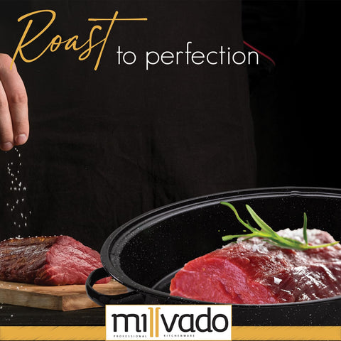 Millvado turkey roasting pan helps achieve tender poultry with lid.