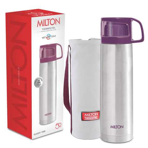 Milton Thermosteel Glassy front view in purple for on-the-go hydration.