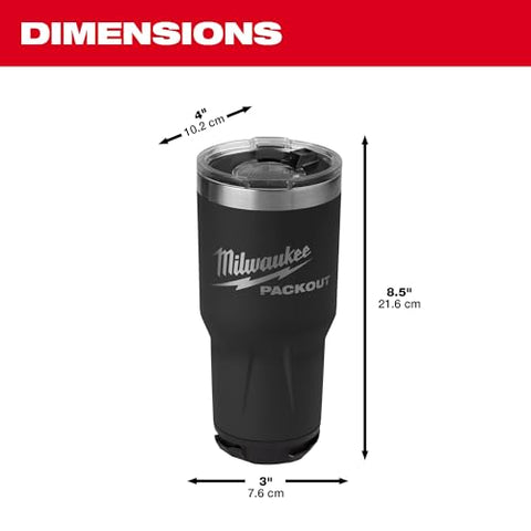 Milwaukee Packout insulated tumbler 890ml black dishwasher-safe for easy cleaning.