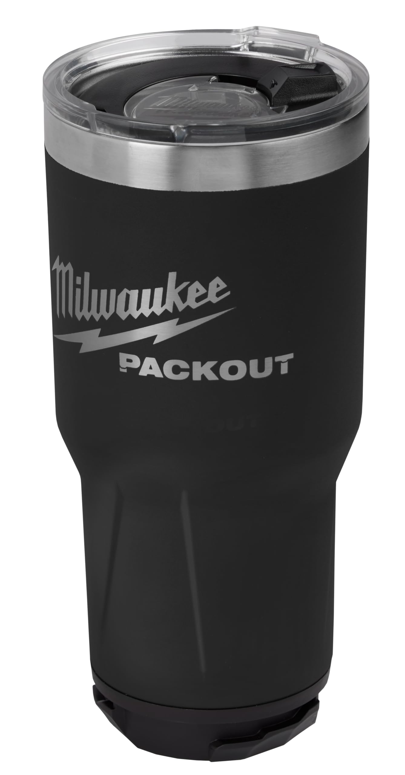 Milwaukee Packout insulated tumbler 890ml (black) side view shows rugged, modular design.