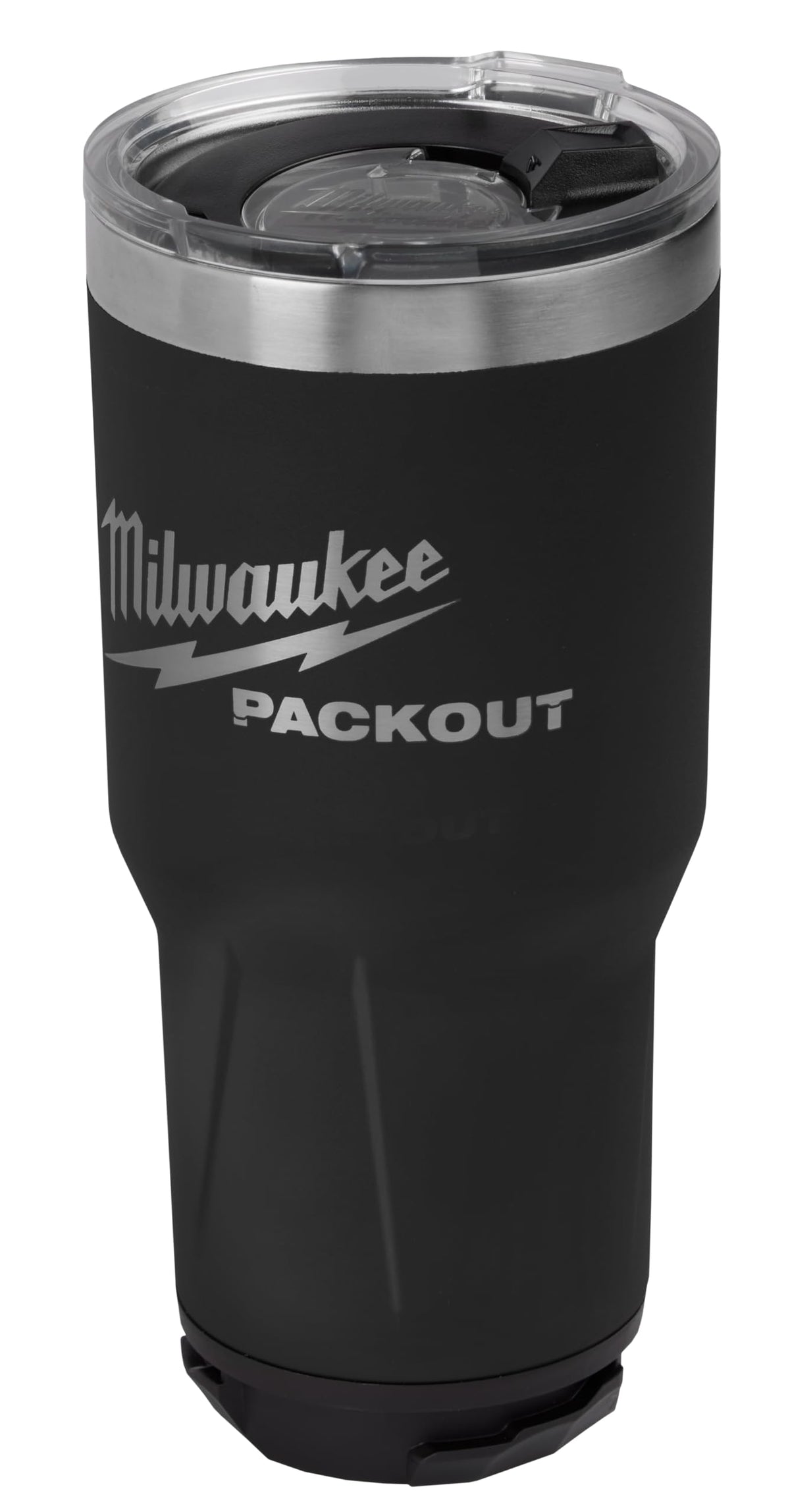Milwaukee Packout insulated tumbler 890ml (black) side view shows rugged, modular design.