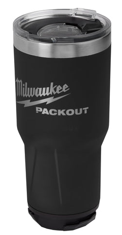 Milwaukee Packout insulated tumbler 890ml (black) side view shows rugged, modular design.