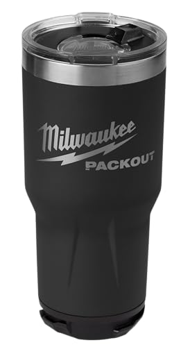 Milwaukee Packout insulated tumbler 890ml black top view highlighting secure seal.