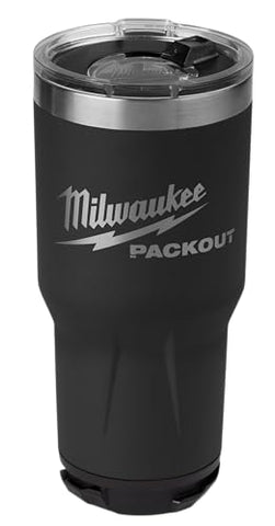Milwaukee Packout insulated tumbler 890ml black top view highlighting secure seal.