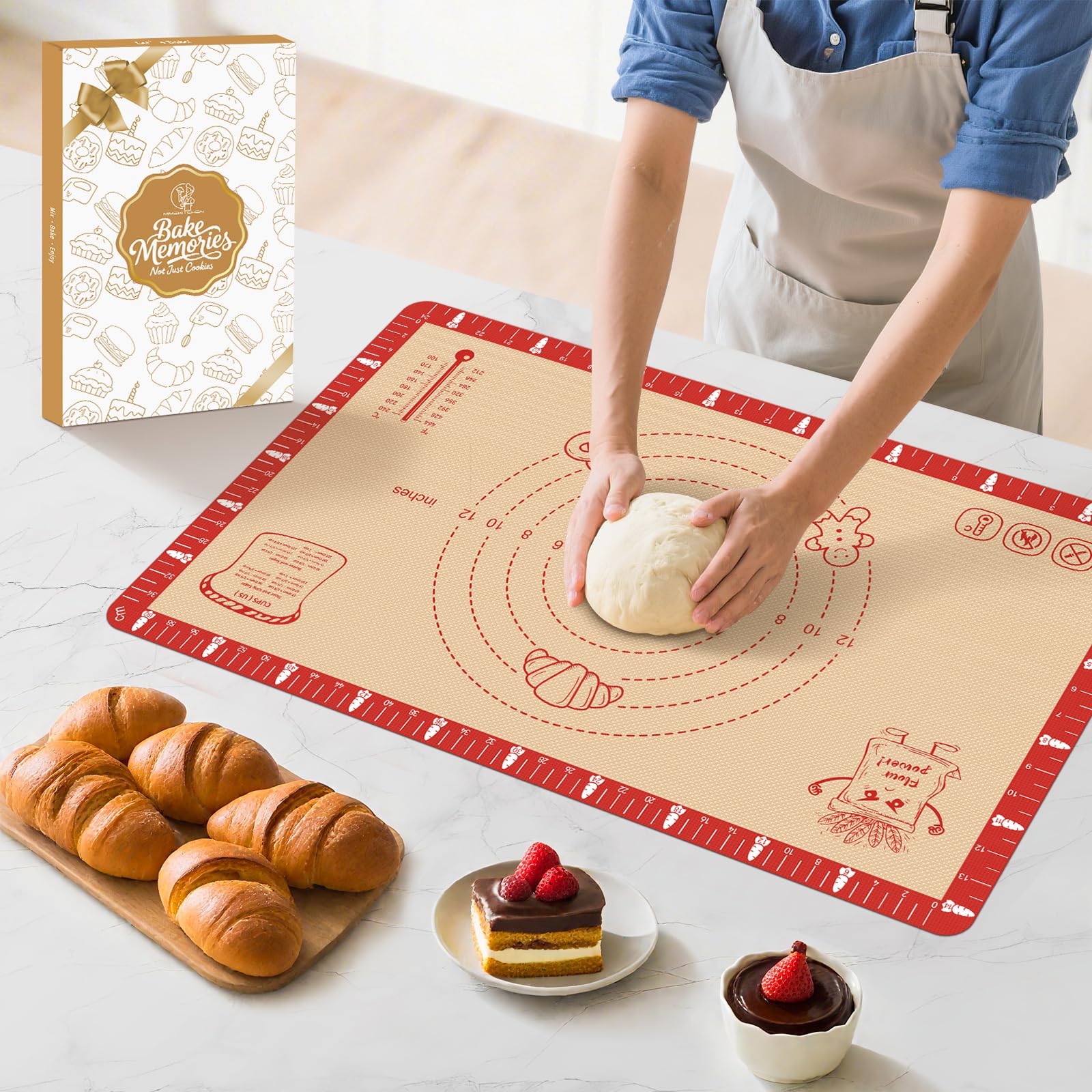 Mimekitchen extra thick silicone baking mat shows dual-color measurements for precise rolling and slicing.