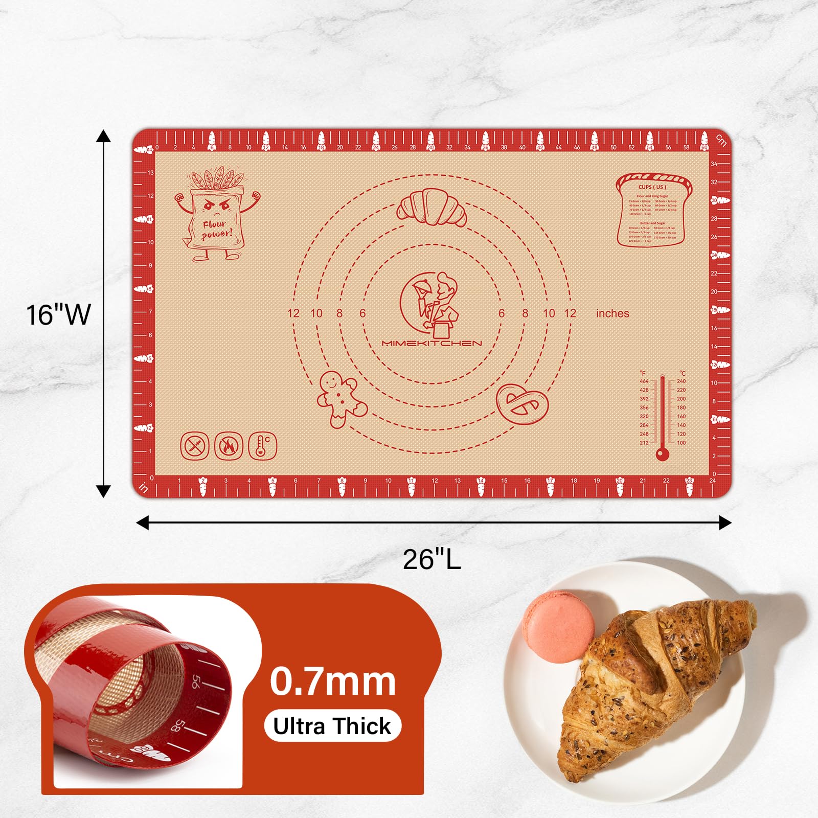 Mimekitchen oven-safe silicone mat 0.7mm thick withstands heat for baking and freezing.