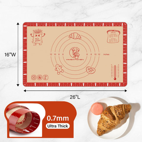 Mimekitchen oven-safe silicone mat 0.7mm thick withstands heat for baking and freezing.