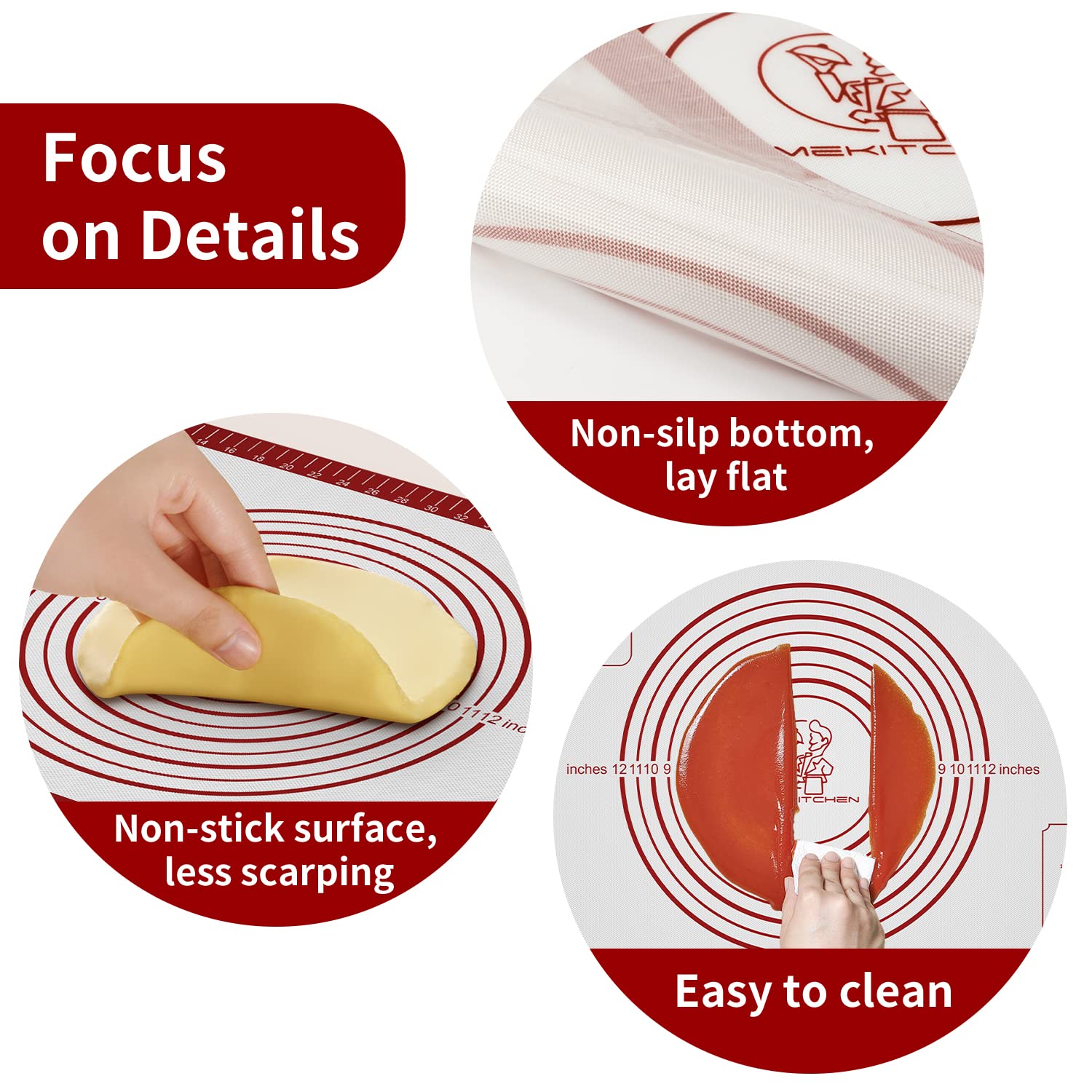 Mimekitchen pastry mat measurements seen on side for precise dough sizing