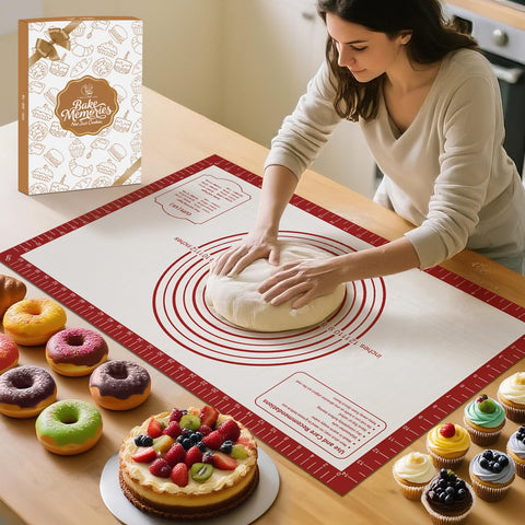 Mimekitchen silicone pastry mat rolling view showing non-stick surface for smooth dough
