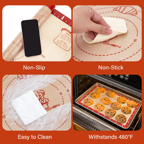 Mimekitchen six-in-one mat supports rolling, kneading, baking, and serving.