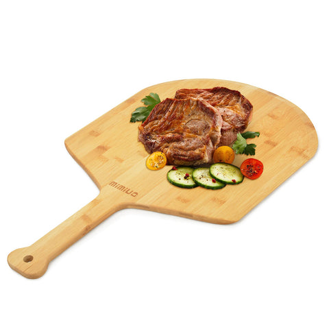 Mimiuo bamboo pizza peel doubles as a fruit and vegetable cutting board.