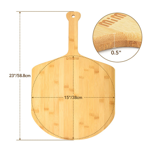 Mimiuo bamboo pizza peel in use, sliding hot pizza from oven.