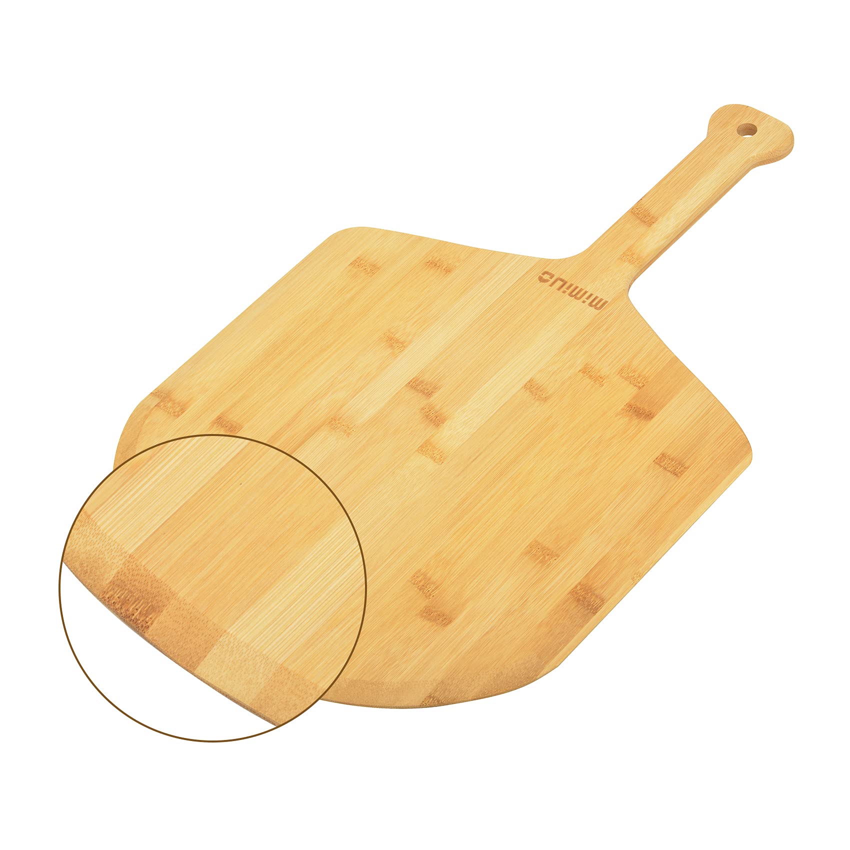 Mimiuo bamboo pizza peel shows natural wood grain for durable baking.