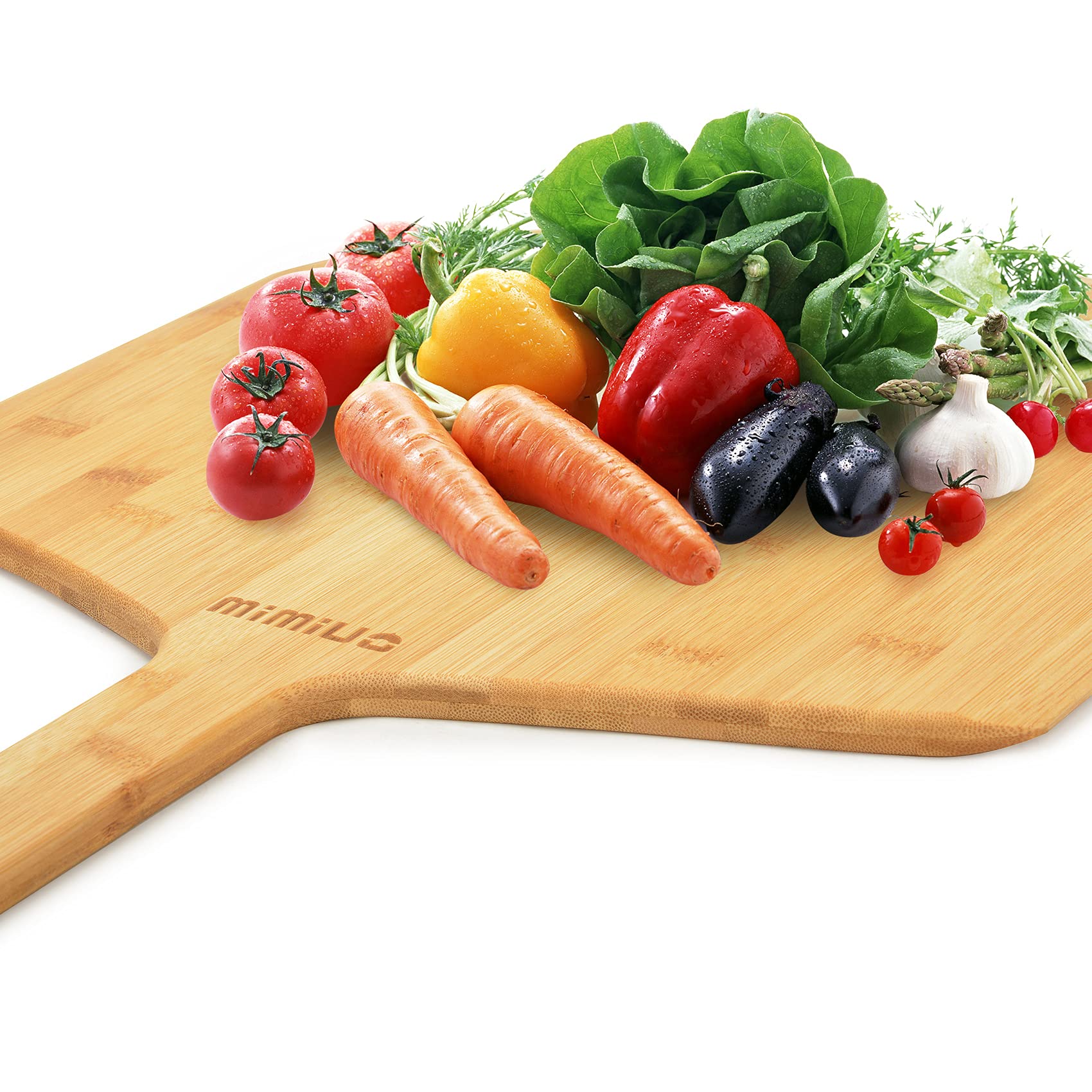 Mimiuo bamboo pizza spatula with ergonomic handle for comfortable grip.