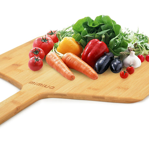 Mimiuo bamboo pizza spatula with ergonomic handle for comfortable grip.