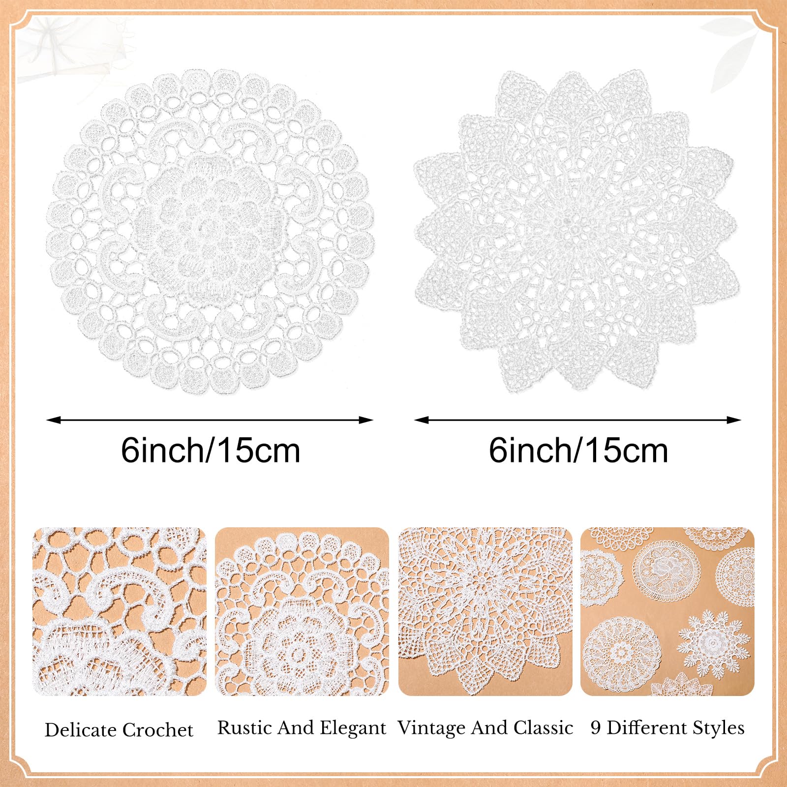 Mimorou vintage lace doilies add farmhouse charm to trays, vases, and tables.
