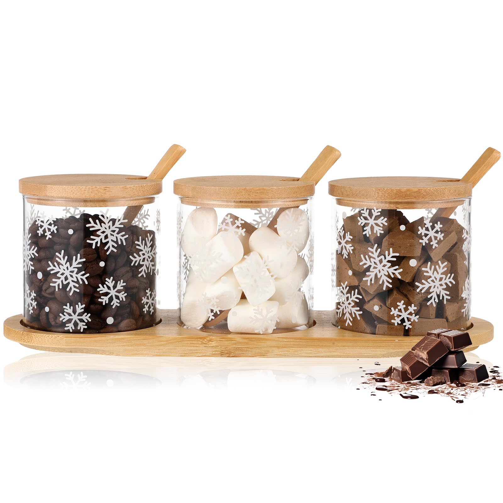 Mimorou three-pack 10oz glass jars with base, ideal for cocoa bar setups.