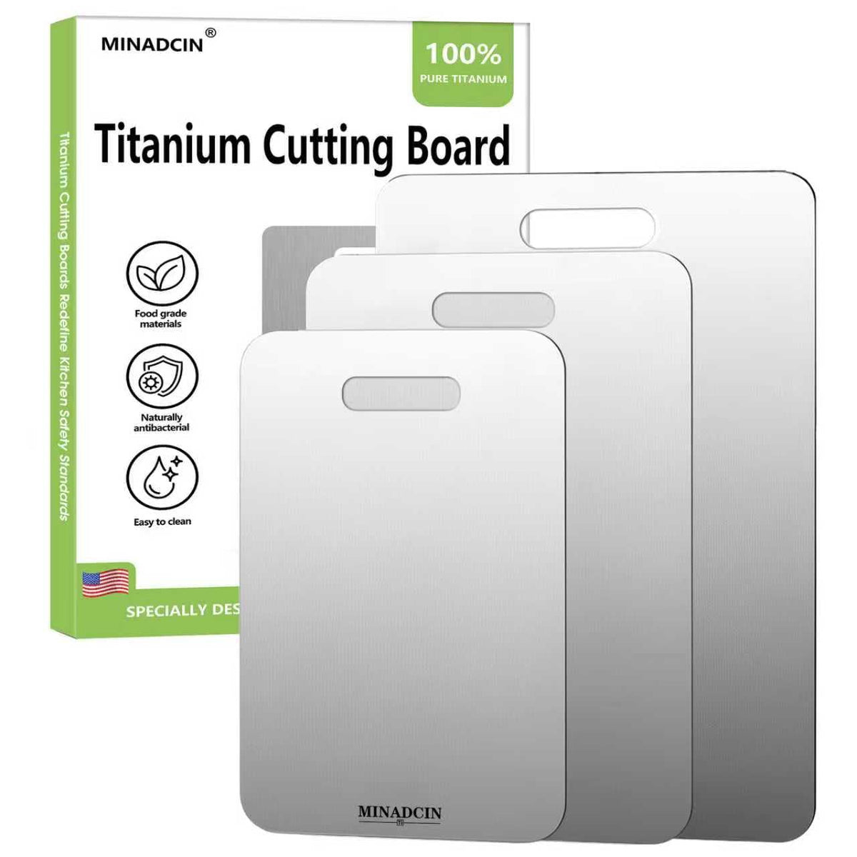 MINADCIN 3 pack titanium cutting boards display; durable surface for safe prep