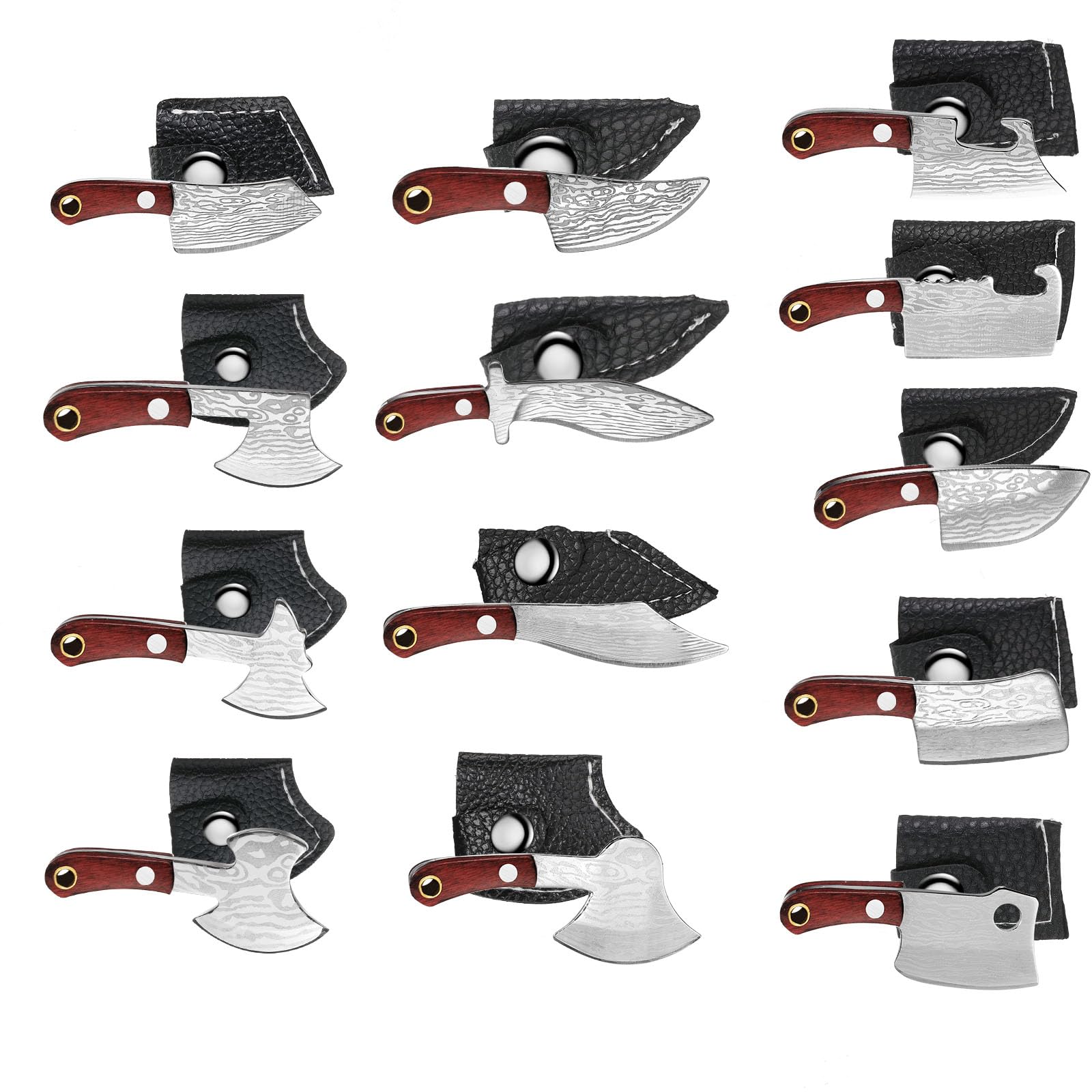 Minatee 13-piece mini Damascus set with sheath for easy packing and safe transport.