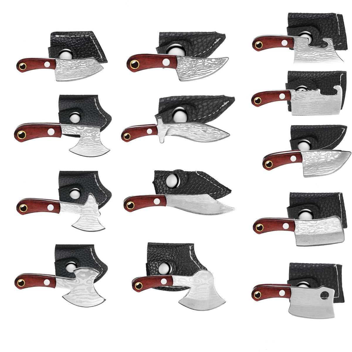 Minatee 13-piece mini Damascus set with sheath for easy packing and safe transport.