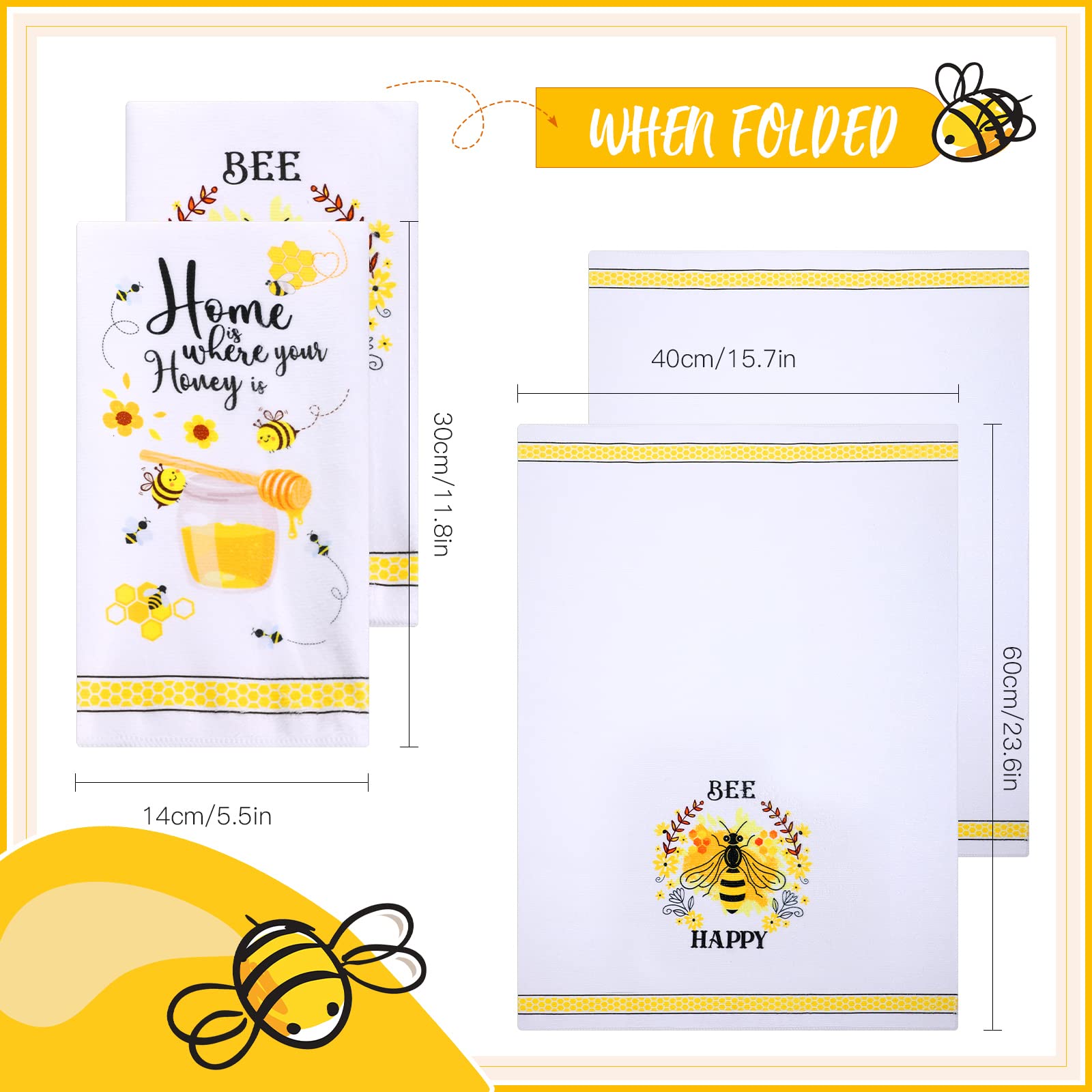 Minatee bee-themed kitchen towels provide bright decor and quick-dry microfiber.