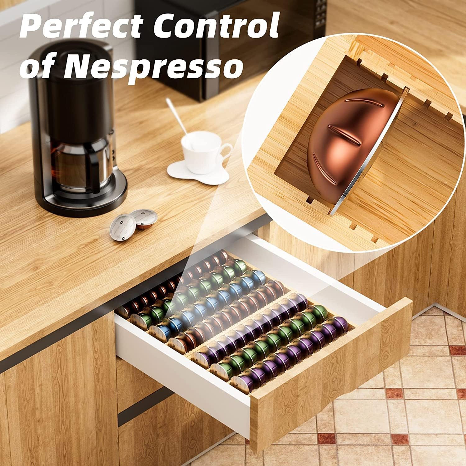 MinBoo bamboo drawer interior capacity demonstrates ample Vertuo capsule storage.