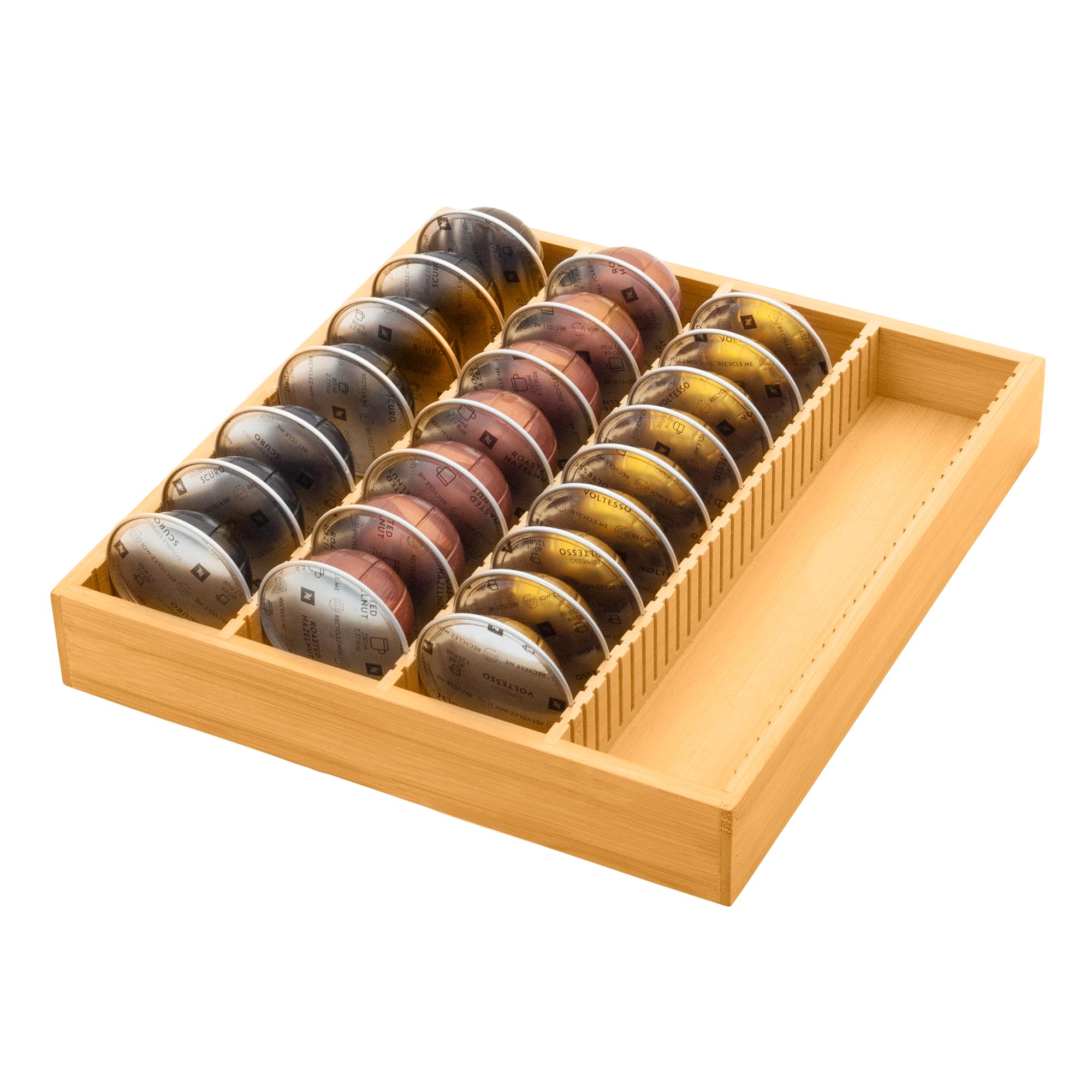 MinBoo bamboo drawer top view showing organized Vertuo pods for quick access