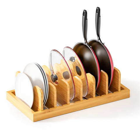 MinBoo bamboo pot lid organizer with 13 slots for space-saving storage.