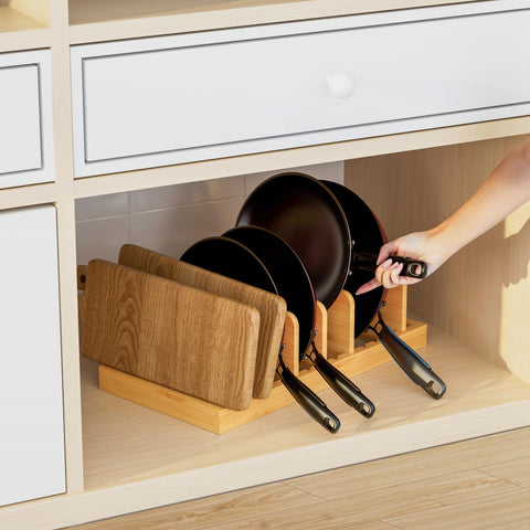 MinBoo bamboo pots and pans rack keeps cabinet organized and accessible.
