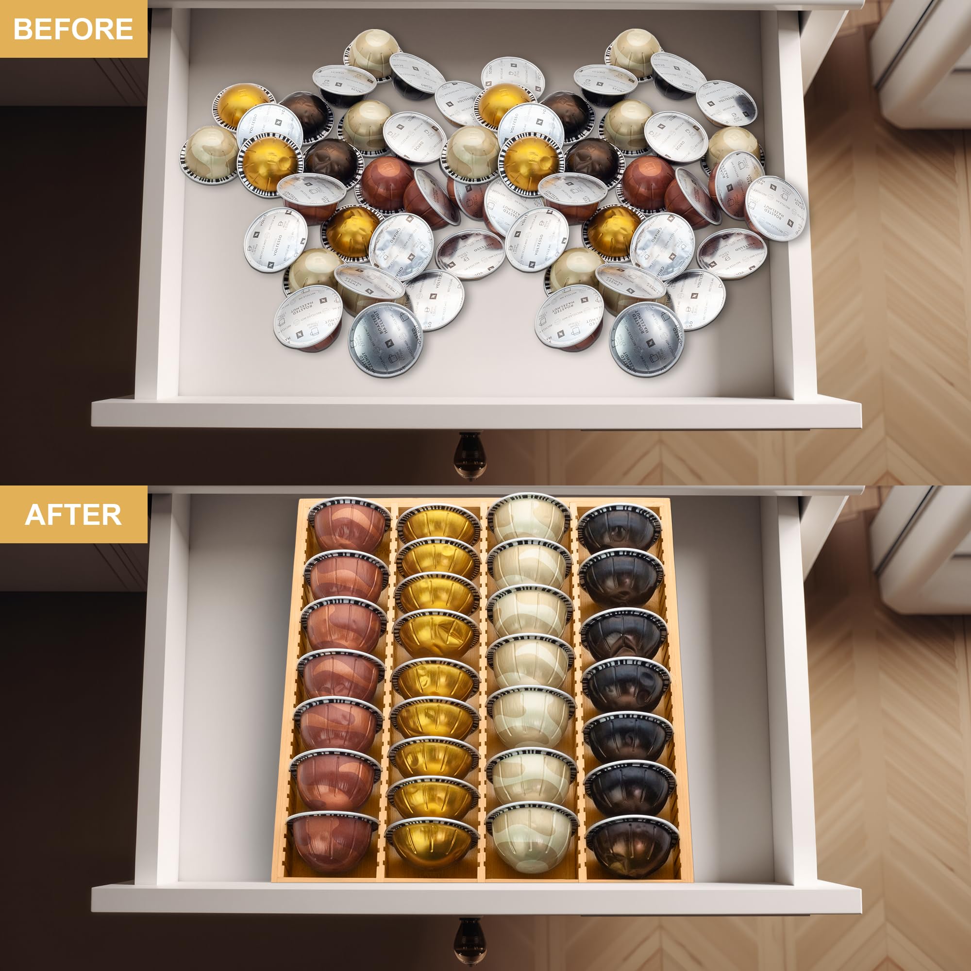 MinBoo drawer in a cabinet fits standard sizes and reduces countertop clutter