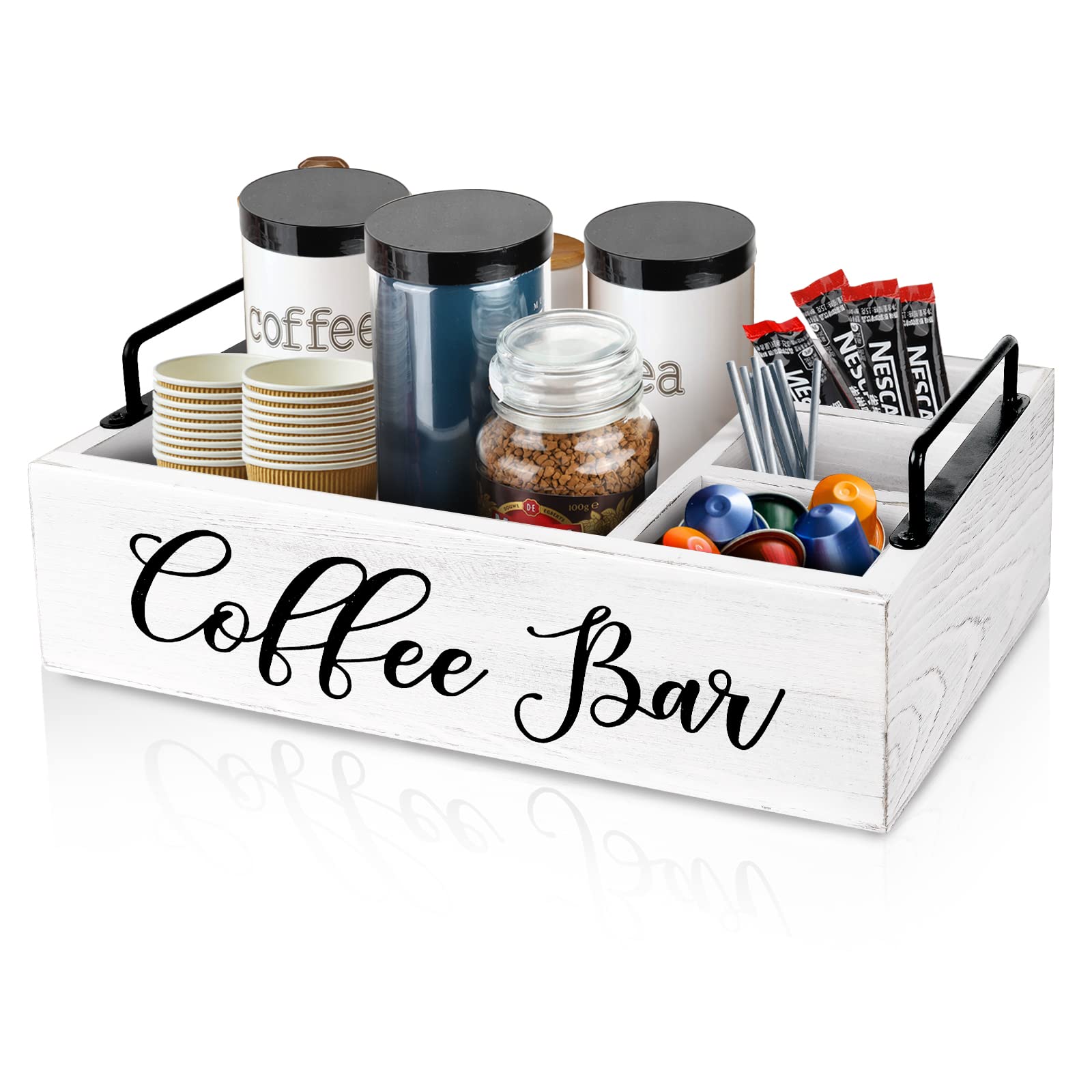 MINCORD coffee bar organizer in white with wooden pod holder for tidy counter storage
