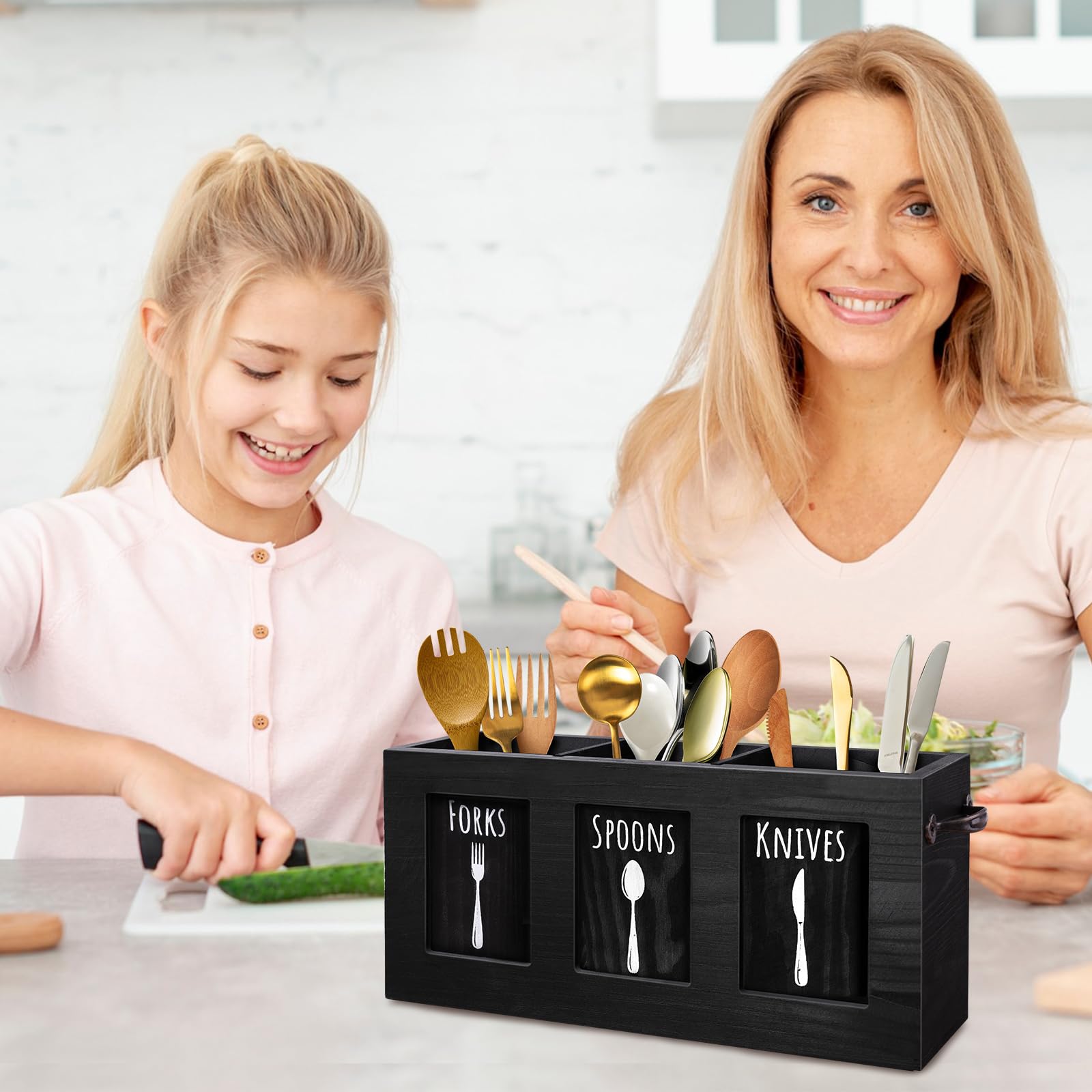 MINCORD rustic utensil holder keeps forks, spoons, and knives neatly separated.