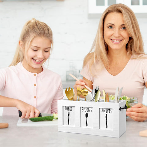 MINCORD three-compartment utensil caddy with labeled sections for quick utensil selection.