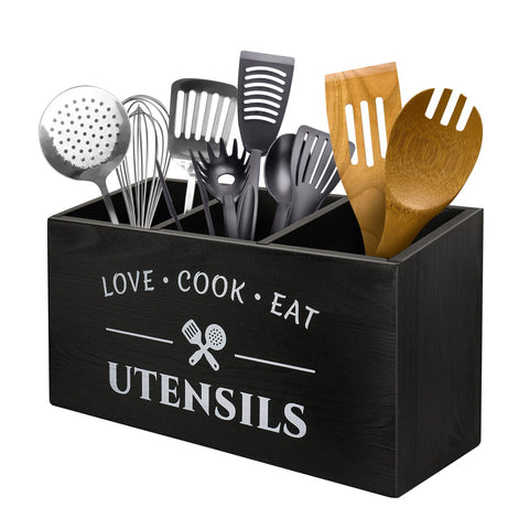 MINCORD utensil holder with three compartments on counter for organized utensils and tools