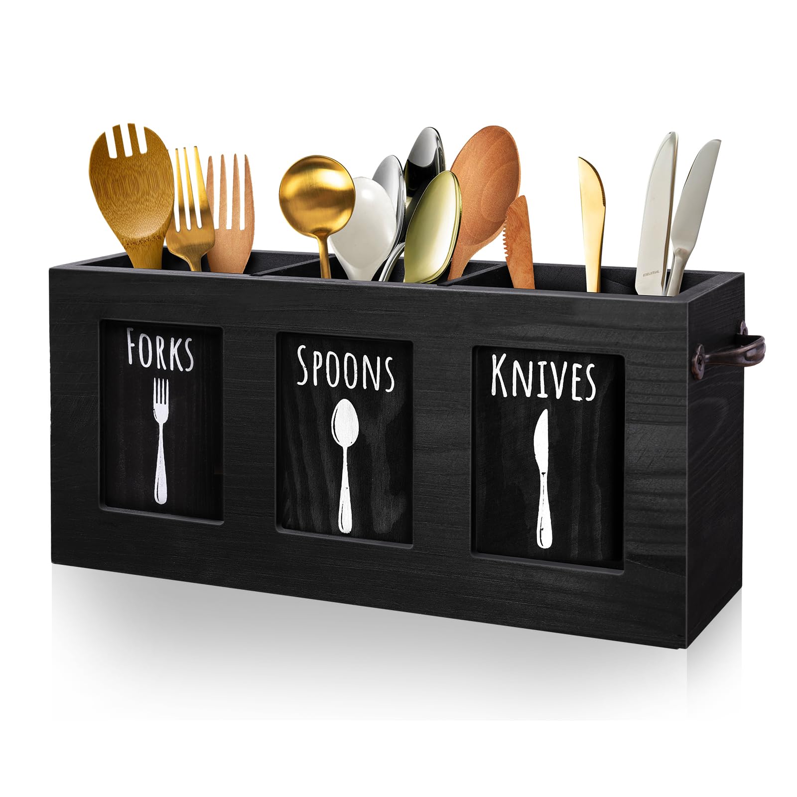 MINCORD Wood Flatware Organizer with three compartments for organized utensils on countertops.