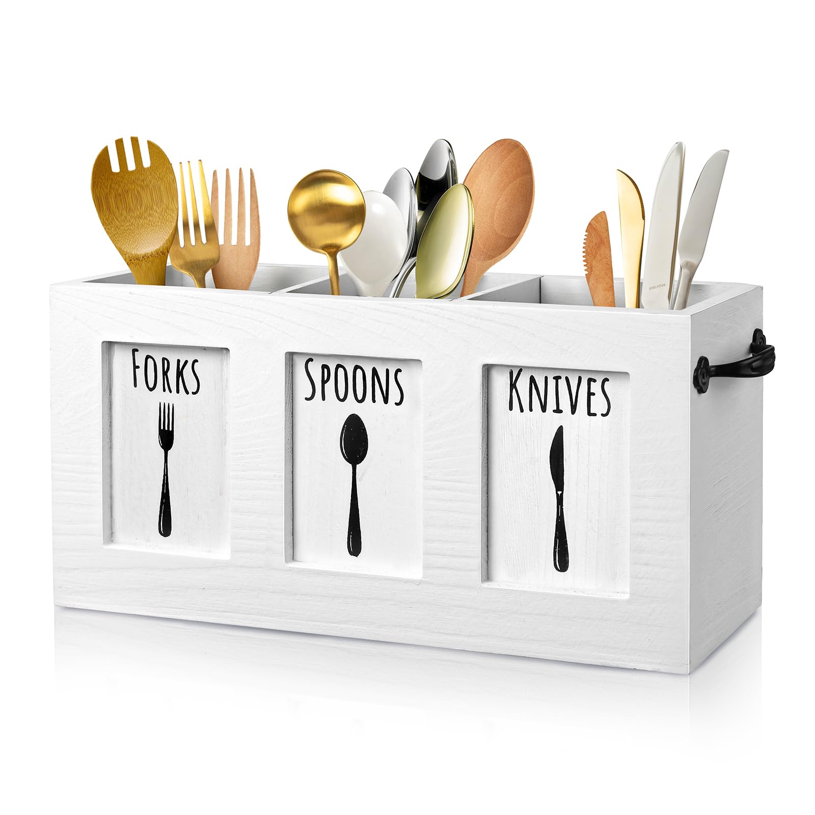 MINCORD wood flatware organizer on countertop keeps forks, spoons, and knives neatly accessible.