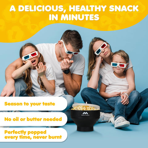 Mindful Design BPA-free silicone popcorn bowl ready for safe microwaving.