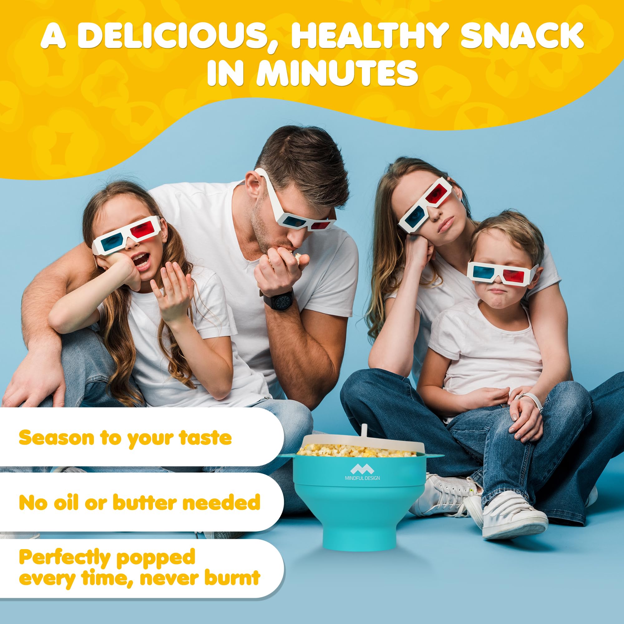 Mindful Design BPA-free silicone bowl ready for safe, toxin-free popcorn