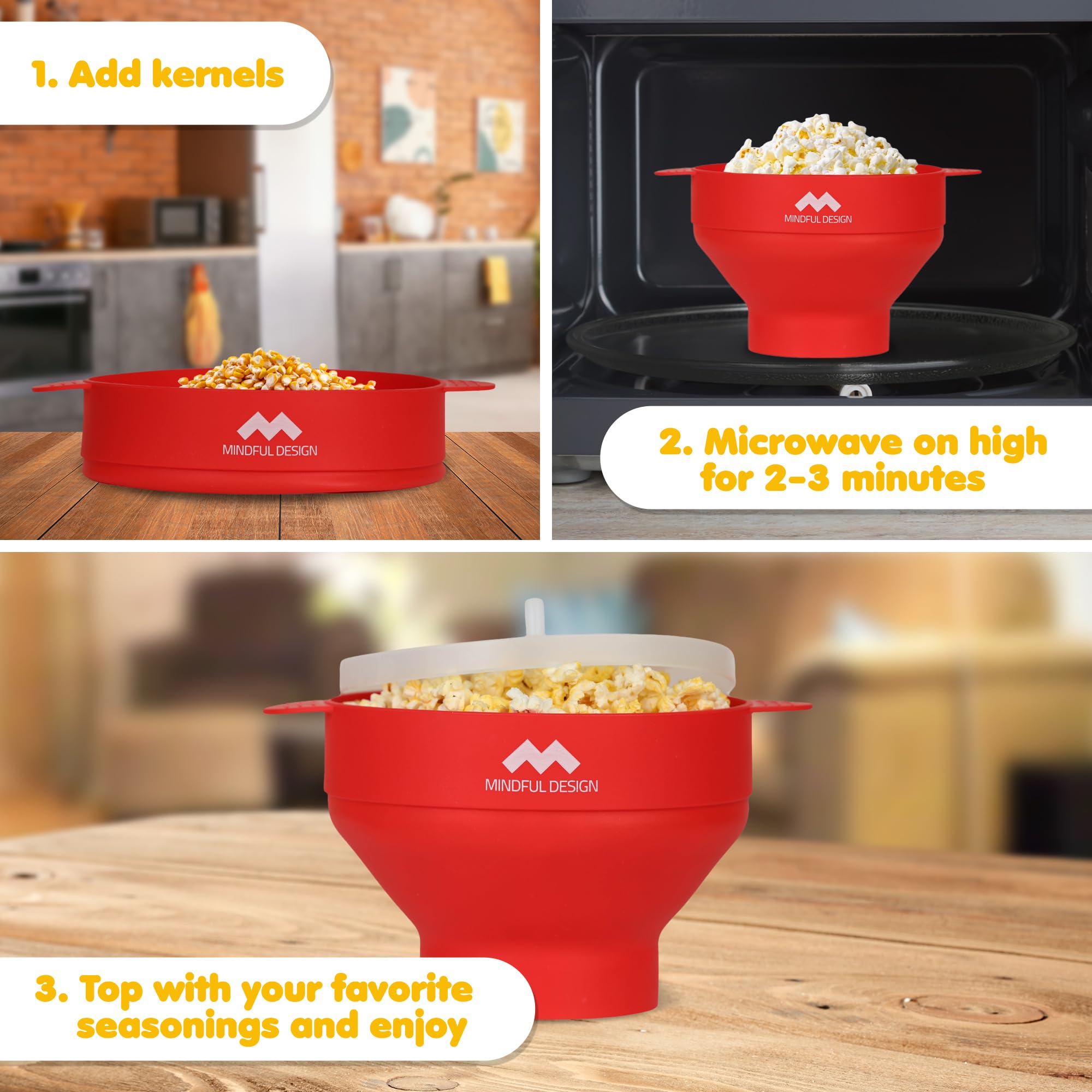 Mindful Design BPA-free silicone popper supports toxin-free, quick popcorn at home.
