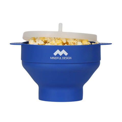Mindful Design collapsible popcorn popper in blue for quick, mess-free movie nights.