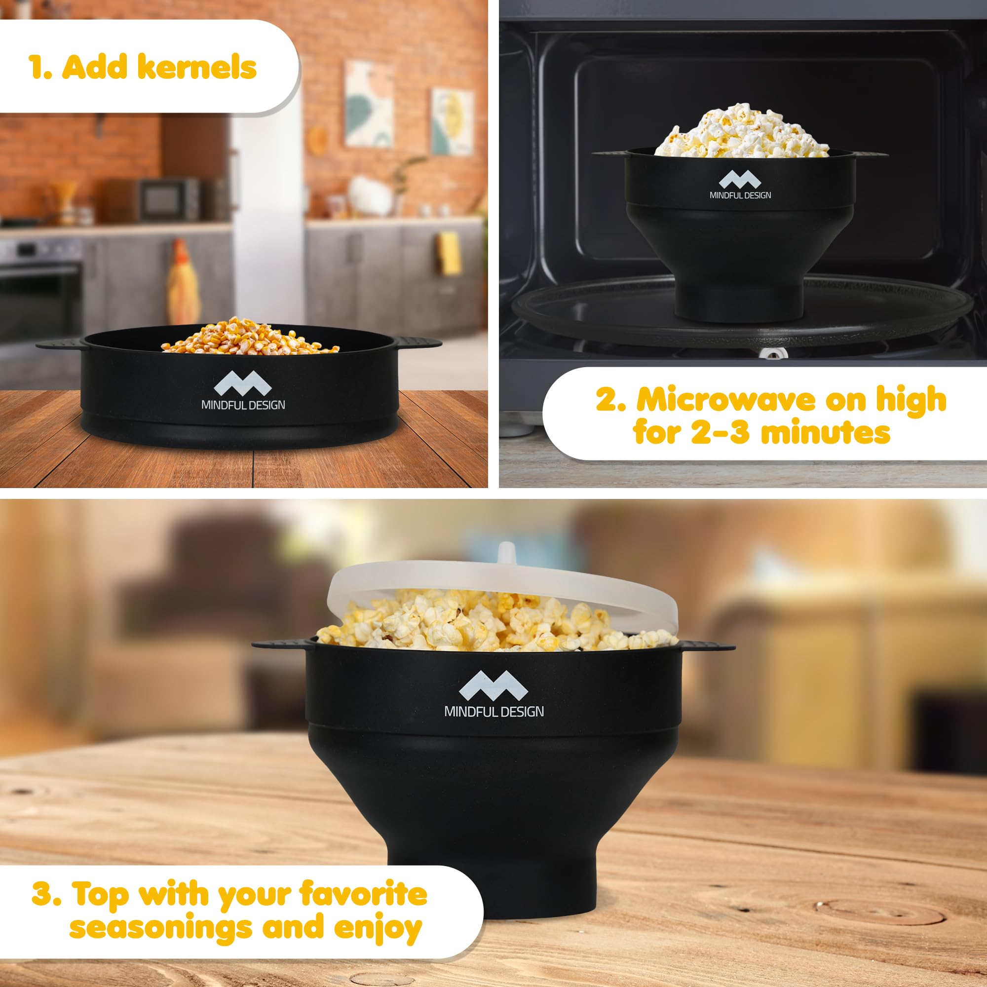 Mindful Design dishwasher-safe popcorn bowl simplifies cleanup after use.