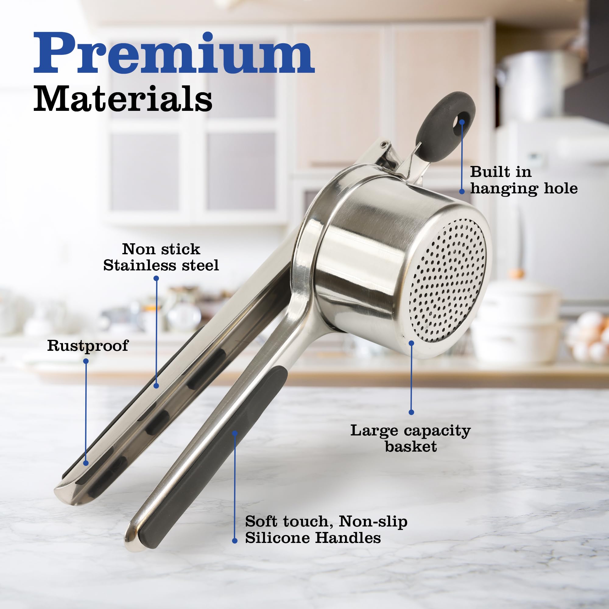 Mindful Design ergonomic grip potato ricer reduces hand strain during use