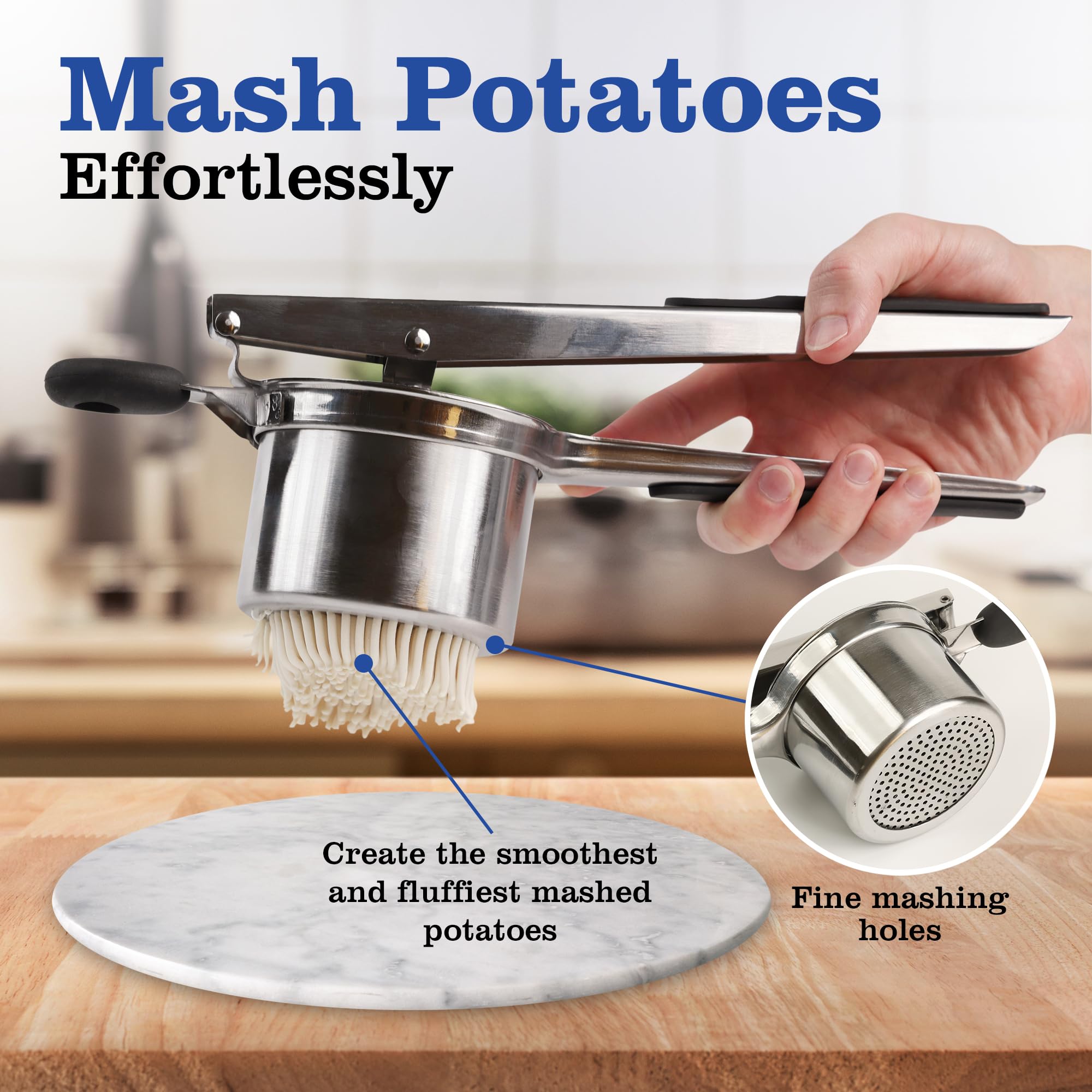 Mindful Design heavy-duty stainless steel potato masher ready for busy family meals