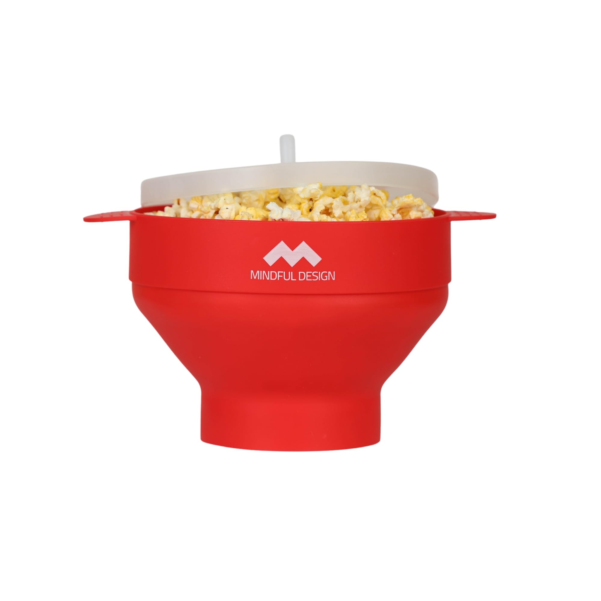 Mindful Design original collapsible popcorn popper in red for easy movie-night popcorn.
