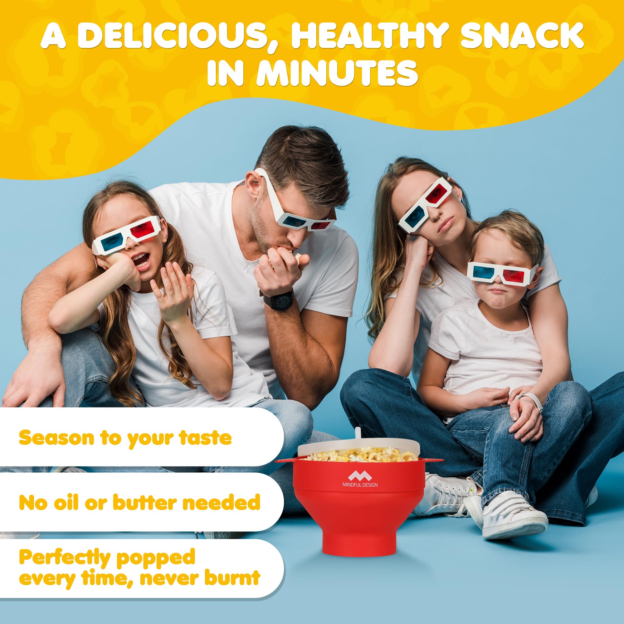 Mindful Design silicone popcorn bowl with handles for safe, family-friendly snacking.