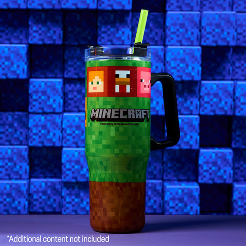 Minecraft tumbler handle and straw for easy sipping during activities.